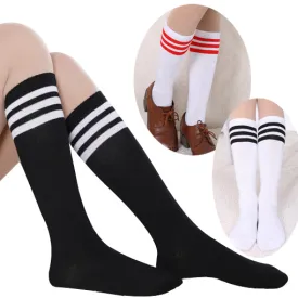 2015 New Fashion Women Cotton Over Knee High Socks 3 line Striped Casual Cosplay Sock  8 Color