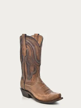 A3479 - MEN'S GOLDEN BROWN WOVEN DETAIL NARROW SQUARE TOE COWBOY BOOT