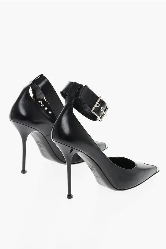 Alexander McQueen Ankle Strap Leather Pumps with Shiny Stiletto Heel