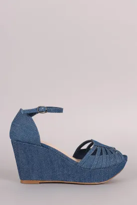 Bamboo Denim Strappy Peep Toe Platform Wedge