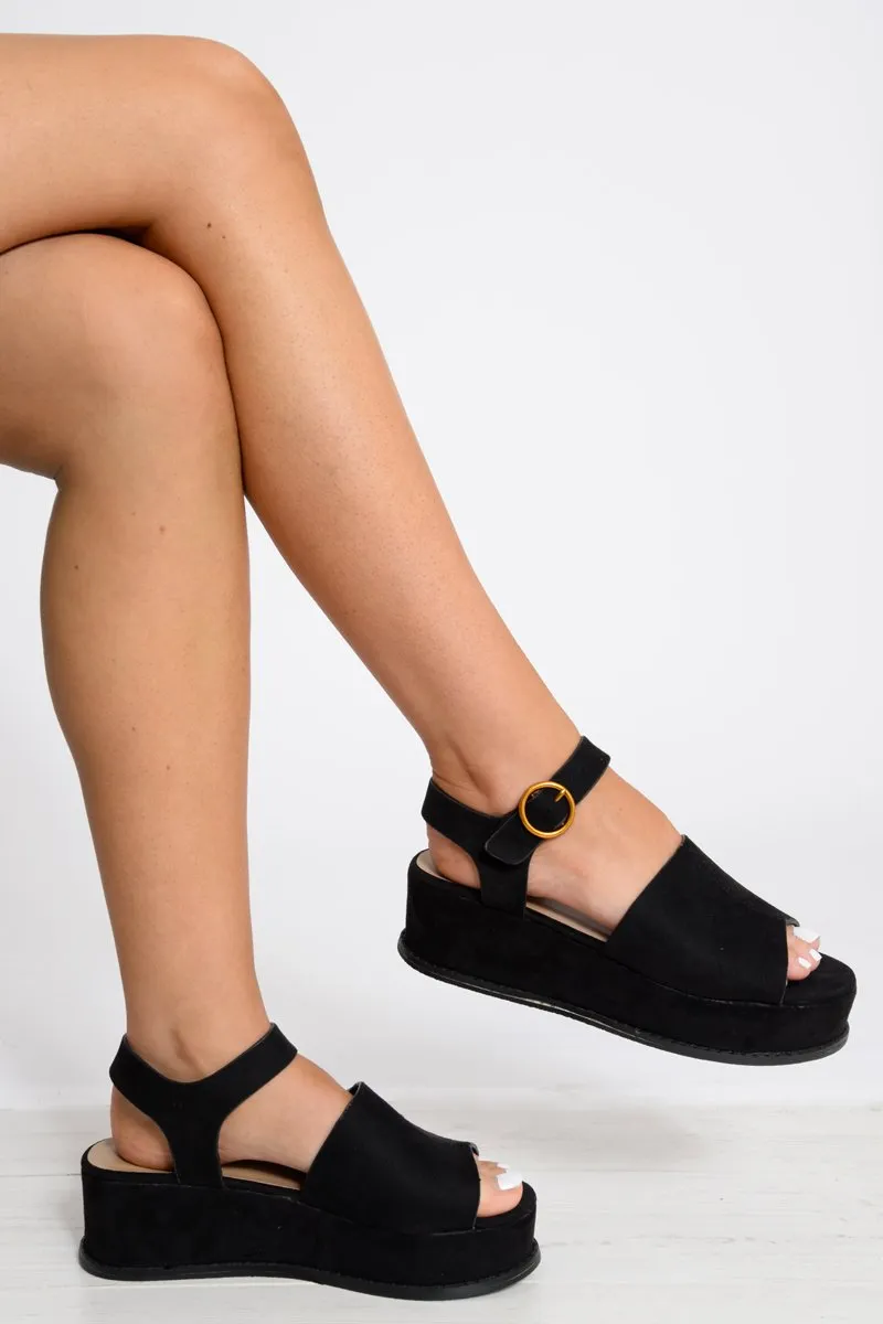 Black Faux Suede Peep Toe Flatforms - Bernetta