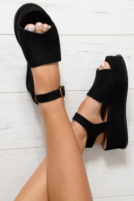 Black Faux Suede Peep Toe Flatforms - Bernetta