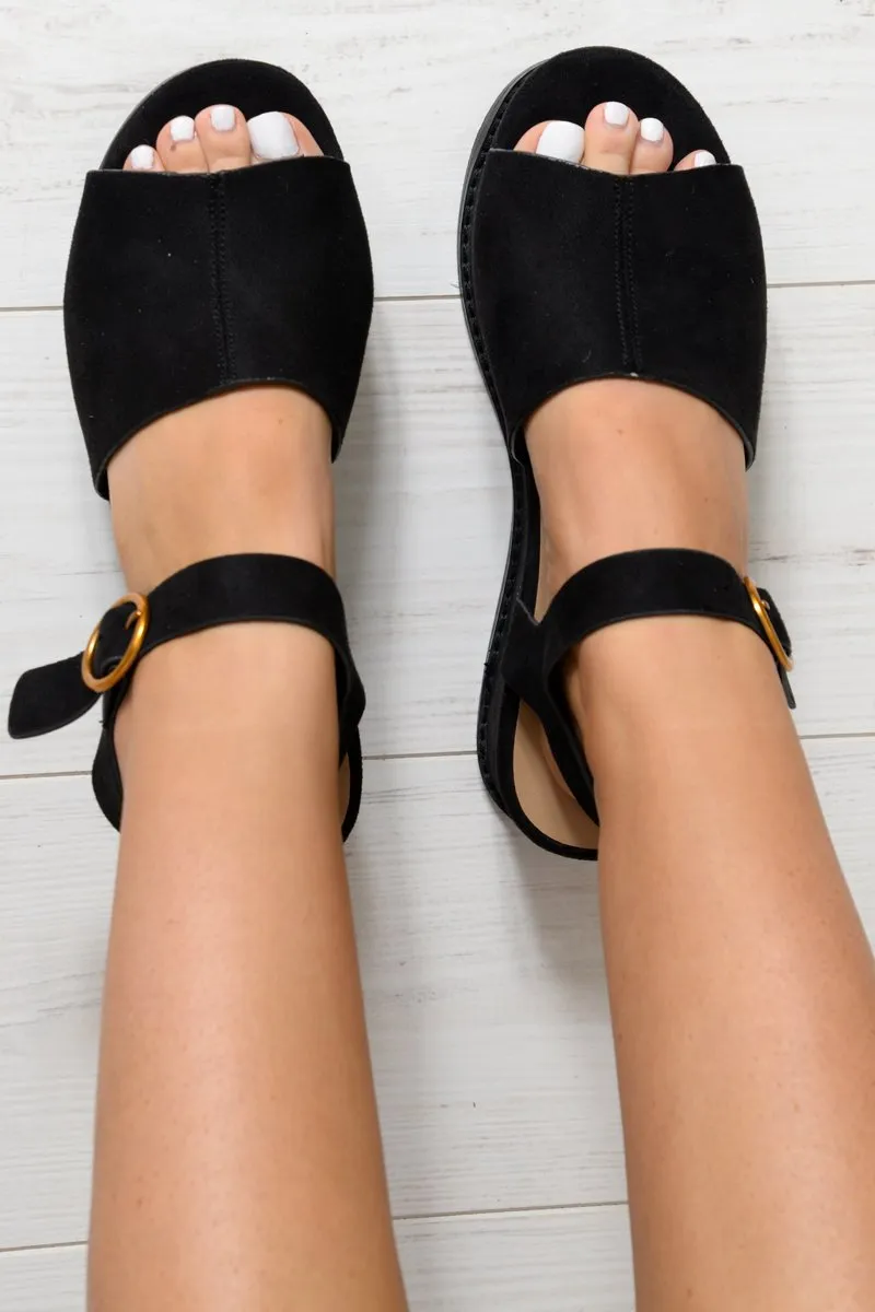 Black Faux Suede Peep Toe Flatforms - Bernetta