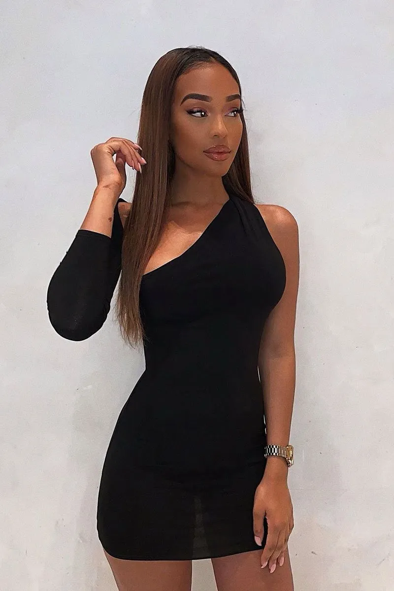 Black One Sleeve Slit Detail Slinky Mini Bodycon Dress - Bronwyn