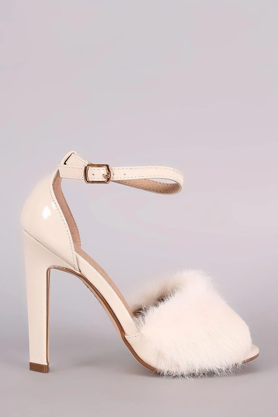 Fluffy Fur Band Ankle Strap Thick Heel