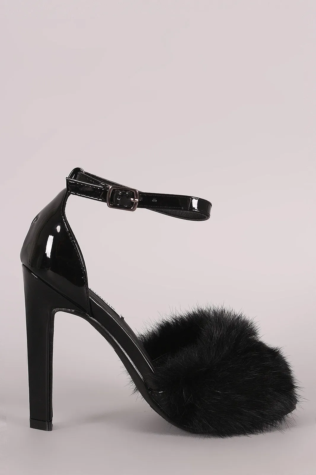 Fluffy Fur Band Ankle Strap Thick Heel