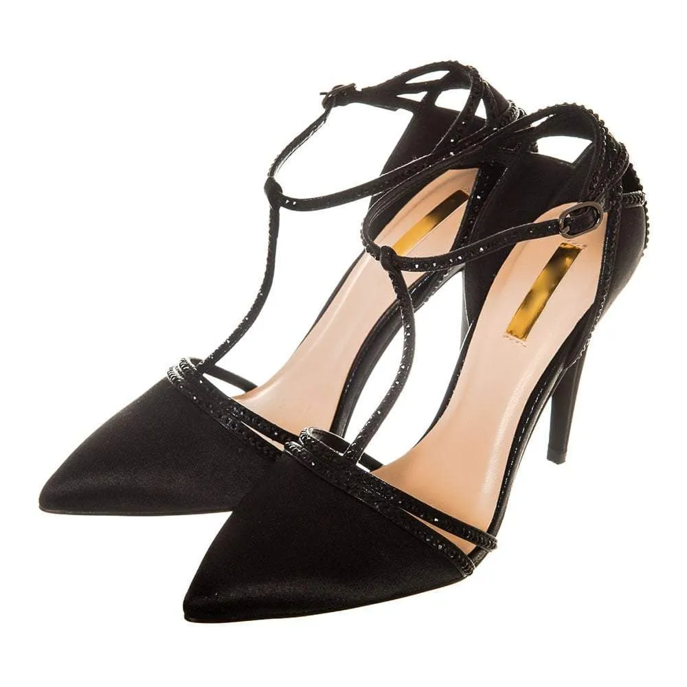 High Stiletto Heel Satin Court Shoe Gem Stone T-Bar And Ankle Strap