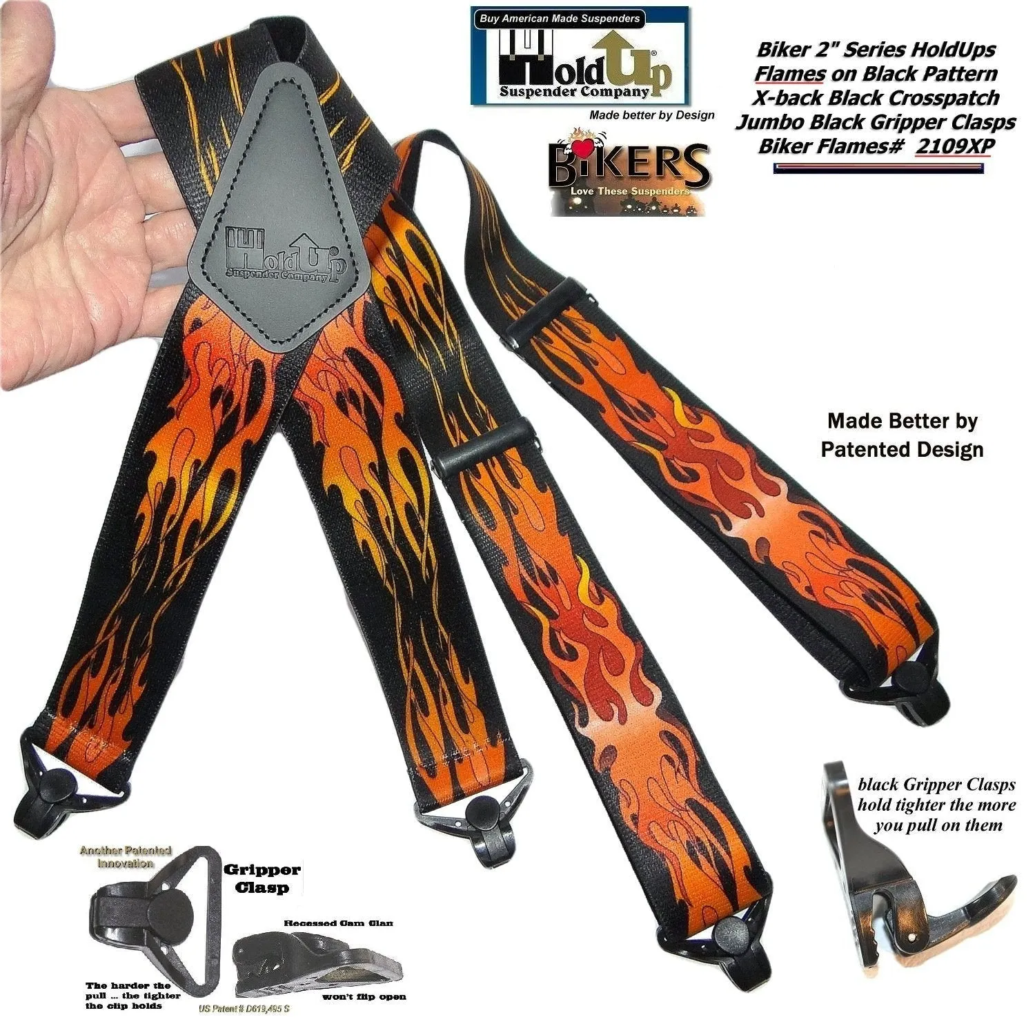 Holdup Brand Flame Pattern Heavy Duty Biker X-back Suspenders with Jumbo Gripper Clasps