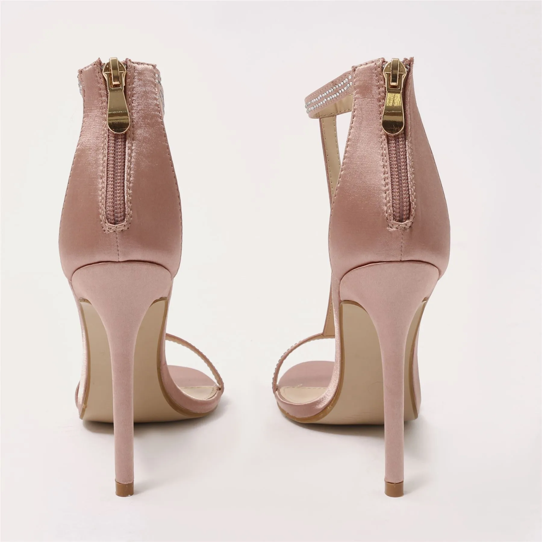 Mafia T-bar Diamante Embellished Stiletto Heels in Blush Satin