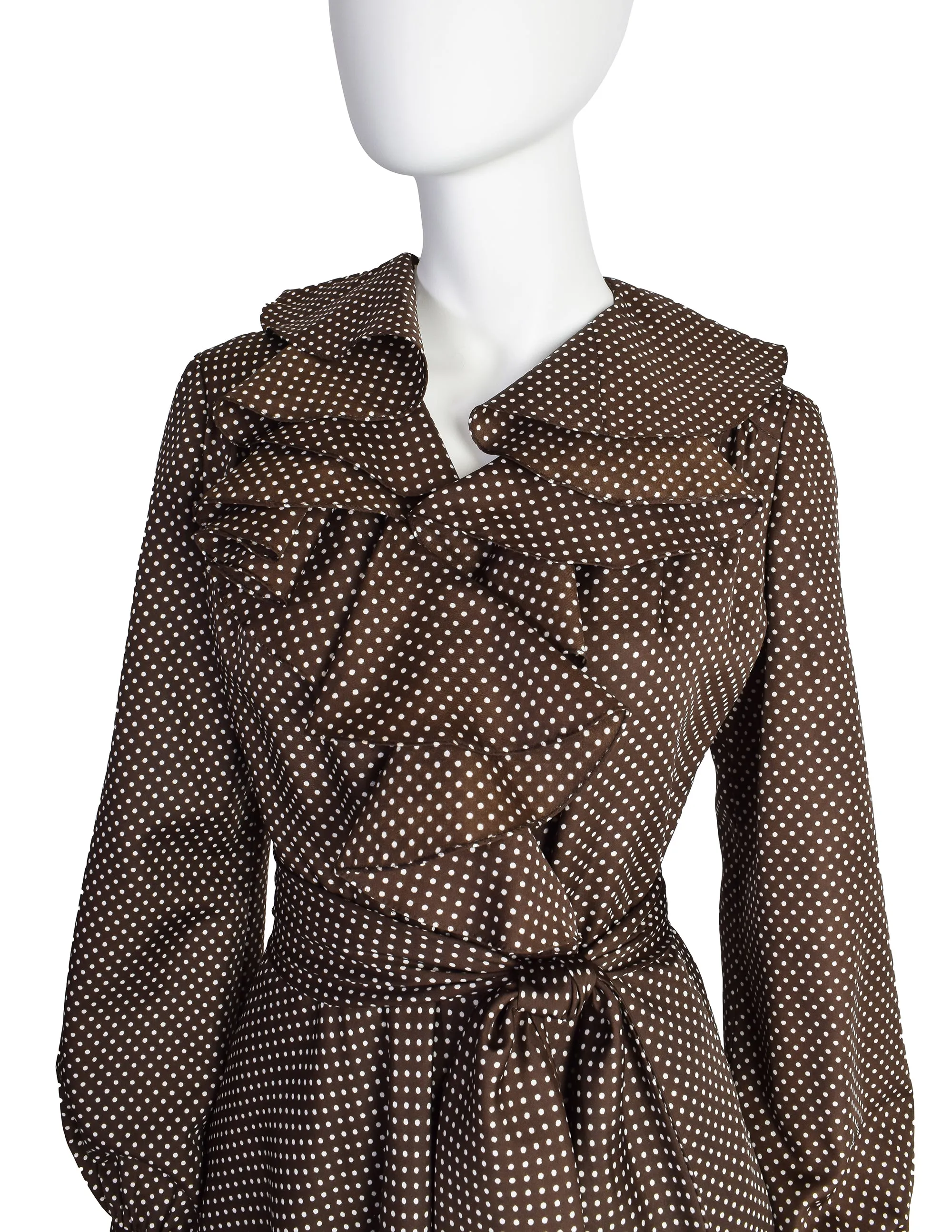 Mollie Parnis Vintage Brown and White Polka Dot Silk Ruffle Collar Wrap Dress