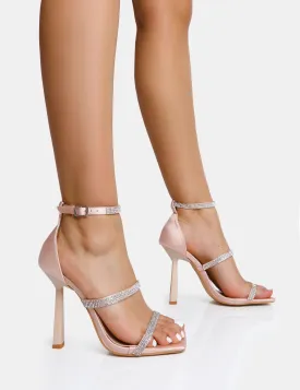 Niko Nude Satin Diamante Barely There Square Toe Stiletto Heels