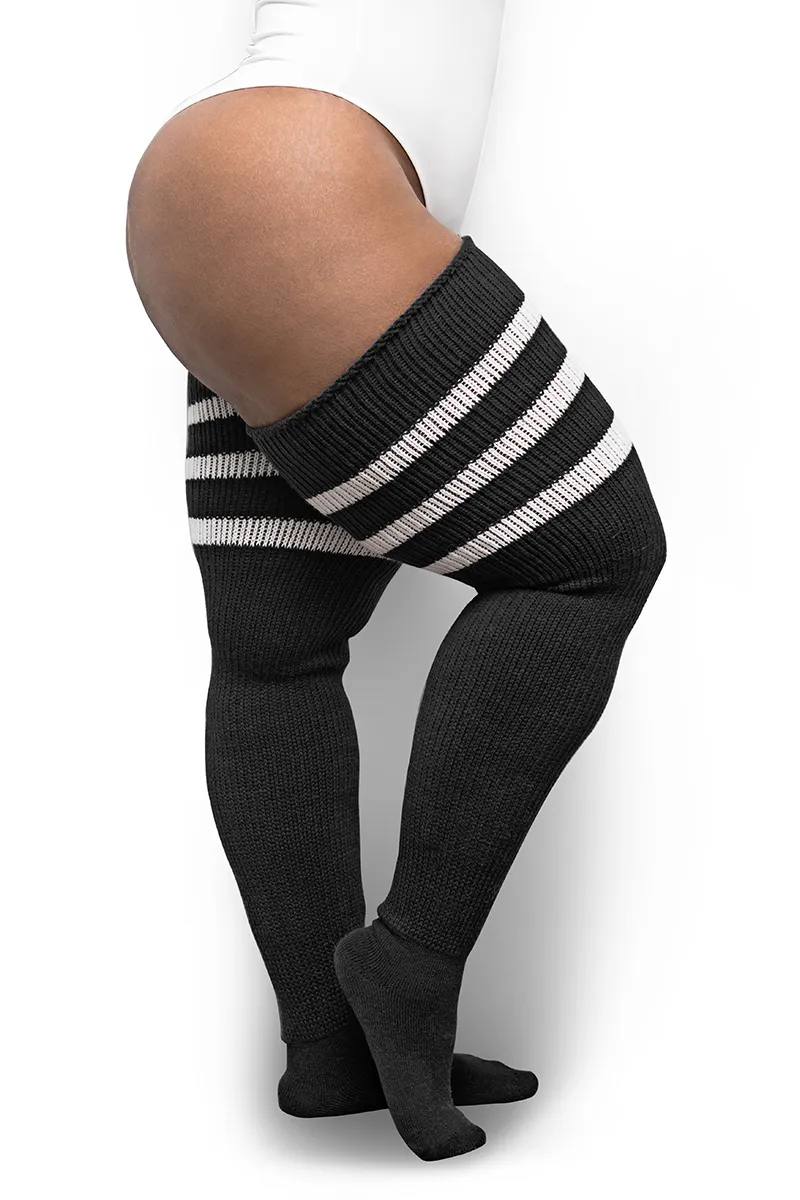 Plus Size Thigh High Socks in Black with White Stripes