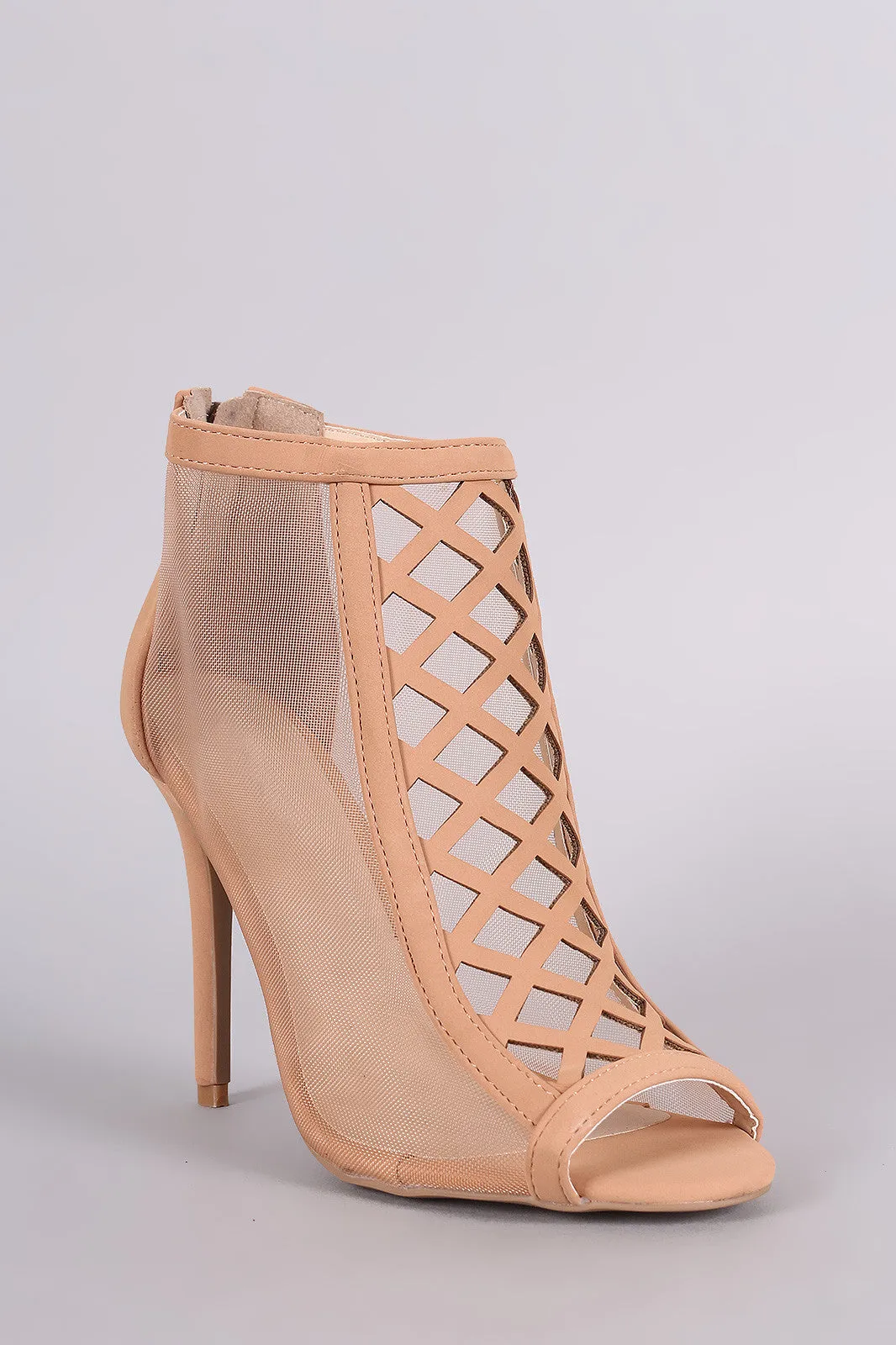 Qupid Geo Cutout Mesh Peep Toe Ankle Boots