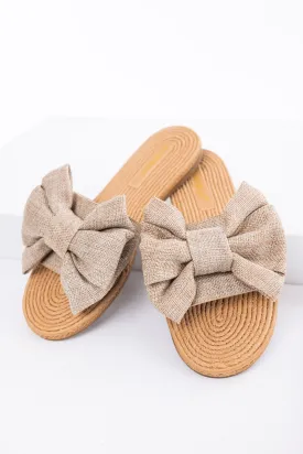 Sand Woven Bow Slide On Sandals