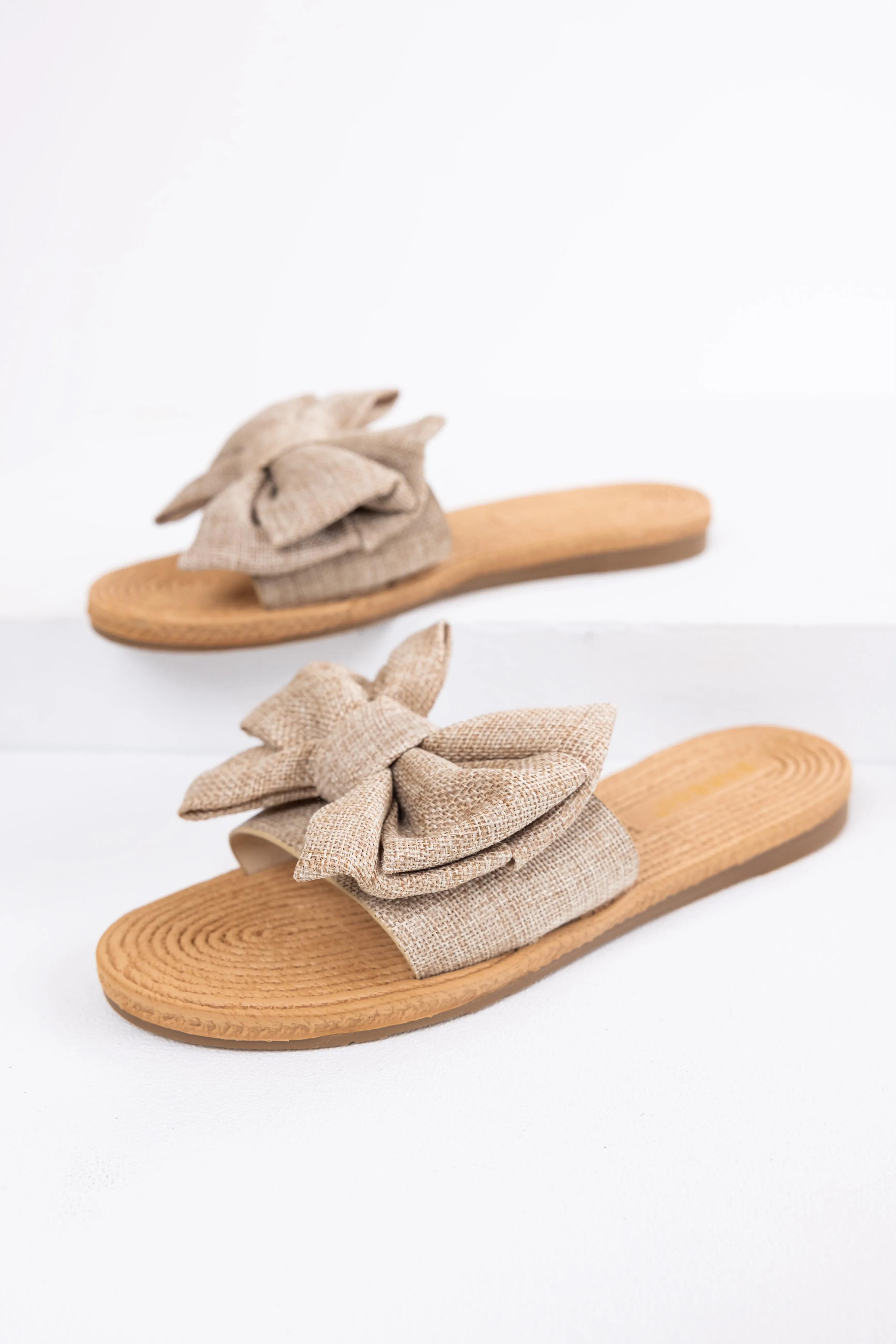 Sand Woven Bow Slide On Sandals