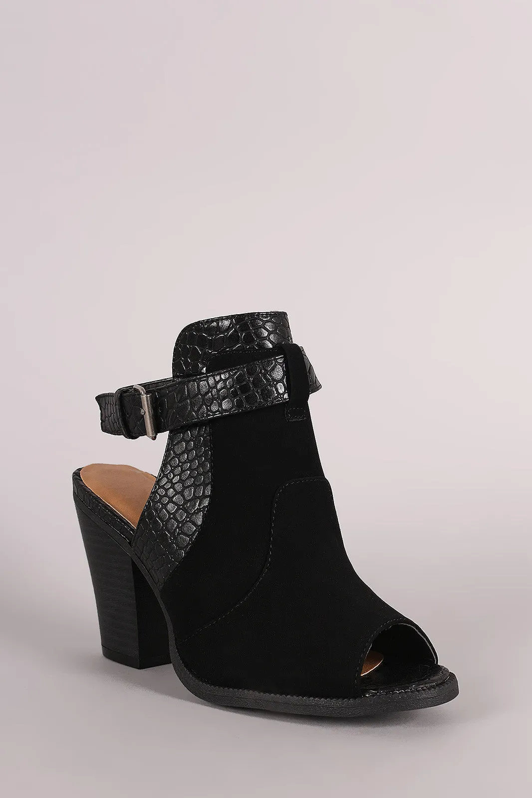 Wild Diva Lounge Croco Ankle Strap Chunky Heeled Mule Booties